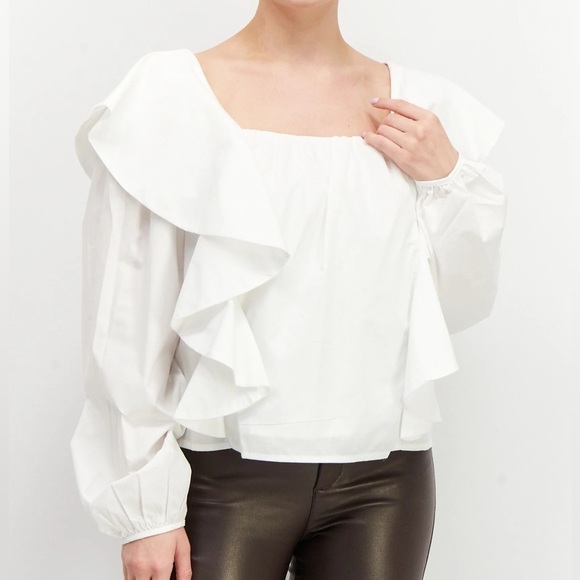 NWT En Saison Square Neck Poplin Ruffle Peasant Blouse | M - Picture 2 of 8